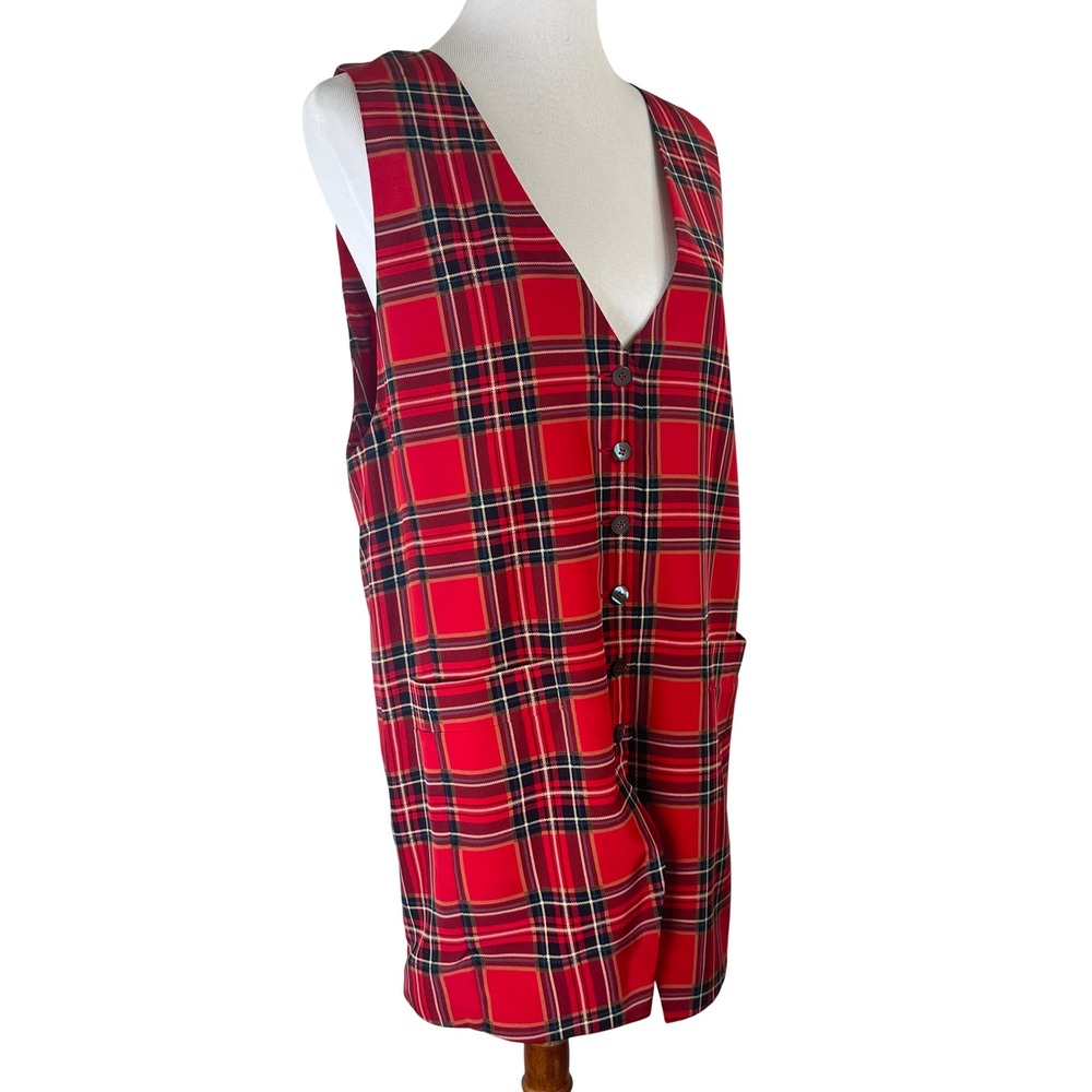 Dana Buchman Red Plaid 100% Silk Longline Vest Button Front Christmas Womens 8